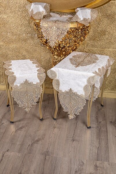 bursa çeyiz Çınar Kadife Salon Takımı 5 Parça Krem