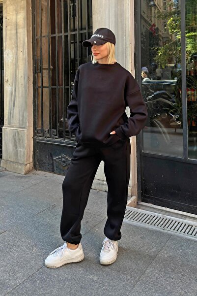 Swist Siyah Pow Bisiklet Yaka Sweatshirt-Eşofman İçi Şardonlu Kadın Eşofman Takımı