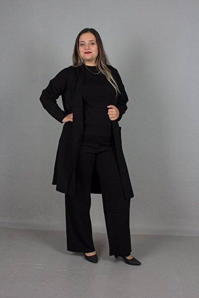 Truva XXL Plus Size 3 Piece Cotton Knitwear Set - Cardigan, Blouse and Trousers
