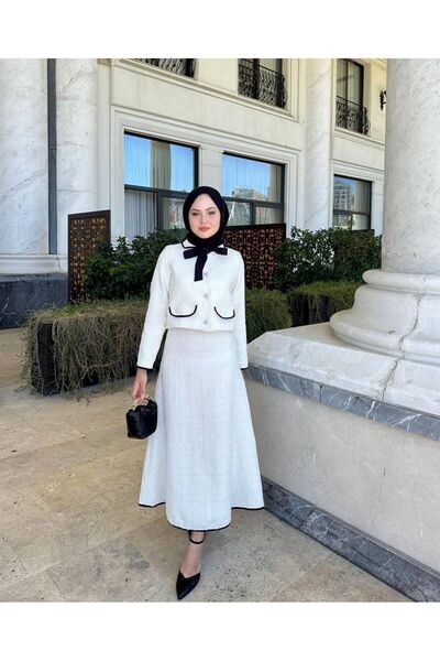 RFK Butik طقم سترة وتنورة نسائية من قماش التويد الأبيض