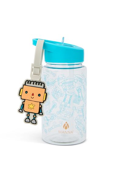 manna Buddy Robot Themed Design Water Bottle with Strap 15oz