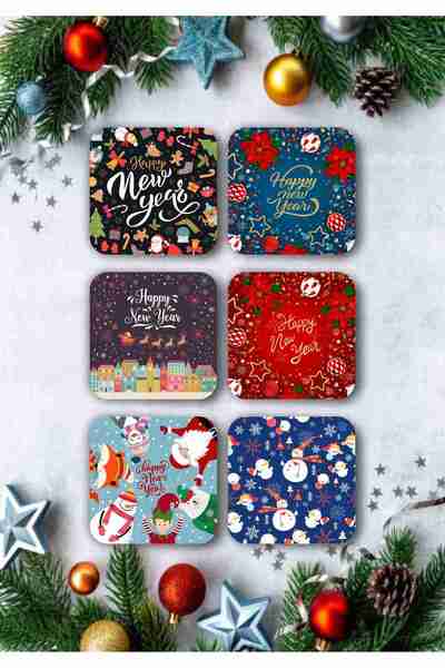 Happy New Year - New Year - Merry Christmas Themed Wood Coaster Set 6pcs