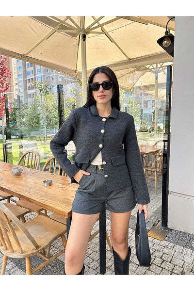 Puella Women's Gold Button Pocket Detailed Blazer Crop Jacket Women's Cardigan