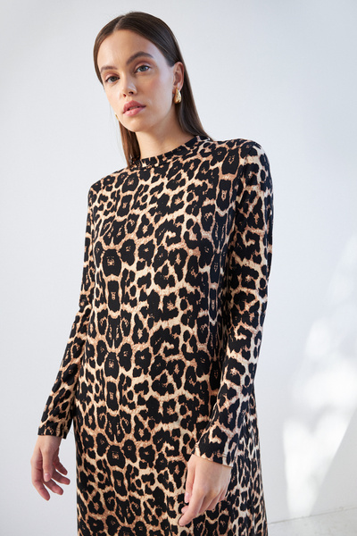 Bipantolon Γυναικείο σκούρο μαύρο λεοπάρ μοτίβο με μισό ζιβάγκο μακρυμάνικο φόρεμα