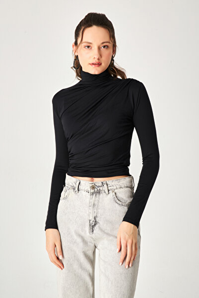 Kallisto بلوزة سوداء من مادة البولي أميد بياقة واقفة