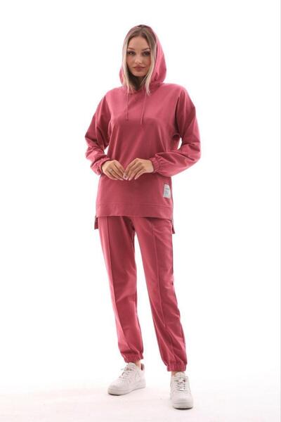 BEYAZTOPTAN Γυναικεία φόρμα 705 Dusty Rose με κουκούλα και φερμουάρ στο πλάι