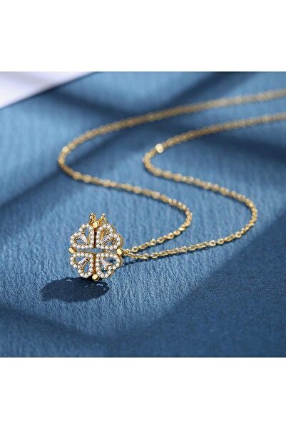 TREND COLLECTİON Kadın Paslanmaz Çelik Gold Zirkon Taşlı Yonca Kalp Kolye Ve Taşlı Yüzük Set (Hediyelik)