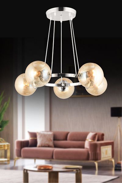 SONSUZ AYDINLATMA&AVİZE Queen Chrome 5-Piece Ring Honey Globe Glass Modern Chandelier