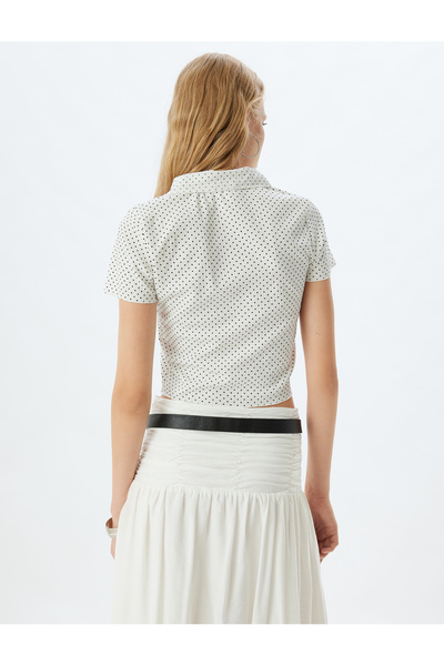 Koton Polka Dot Shirt Collar Crop T-Shirt - Buttoned, Short Sleeve