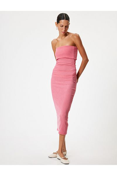 Koton Στράπλες Midi Bodycon Φόρεμα - Περιτυλιγμένο Αμάνικο Draped Slim Fit