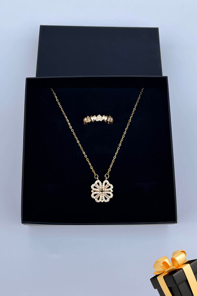 TREND COLLECTİON Kadın Paslanmaz Çelik Gold Zirkon Taşlı Yonca Kalp Kolye Yüzük Set (Hediyelik)