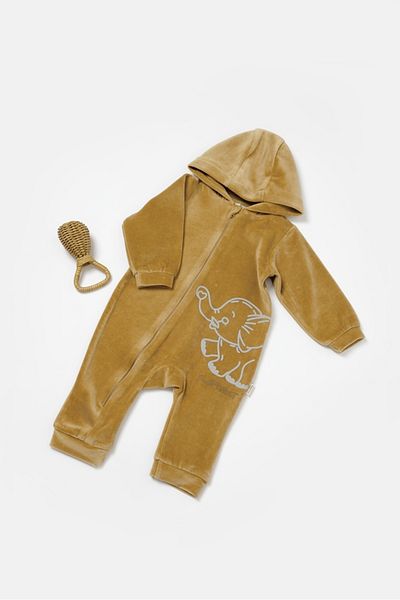BabyCosy Salopetă din catifea cu glugă și fermoar