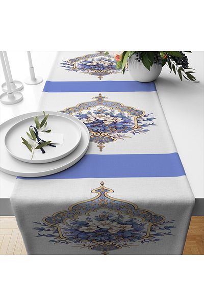 Else Dekor Husă decorativă pentru căptușeală, cu model floral, alb, albastru, imprimată, rezistentă la pete, 40x140cm