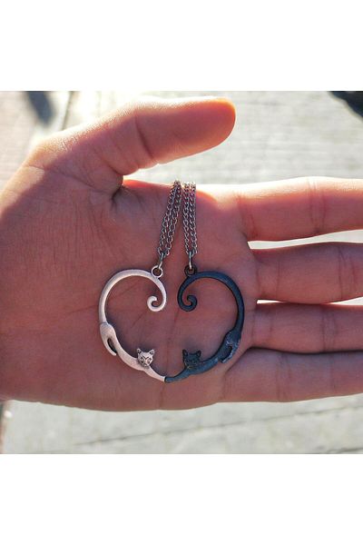 Köstebek Silver & Black Love Cat Pair Necklace