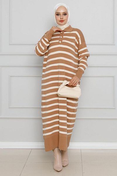 Sevitli Rochie din tricot cu dungi cu gât polo maro lapte