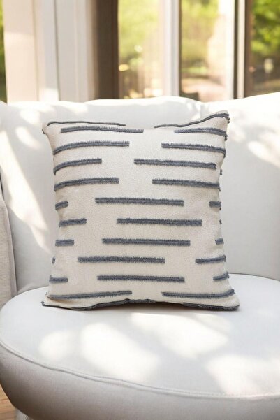 lissehome Modern Püskül Çizgili Kırlent Kılıfı Gri Renk 43x43cm