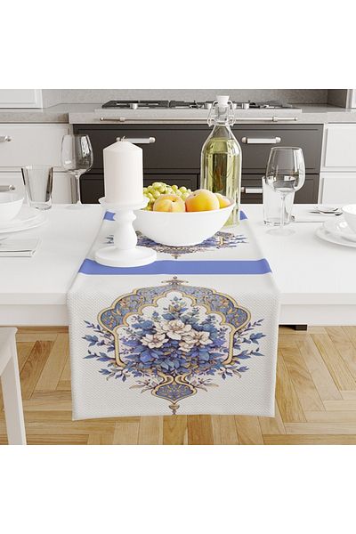 Else Dekor Husă decorativă pentru căptușeală, cu model floral, alb, albastru, imprimată, rezistentă la pete, 40x140cm