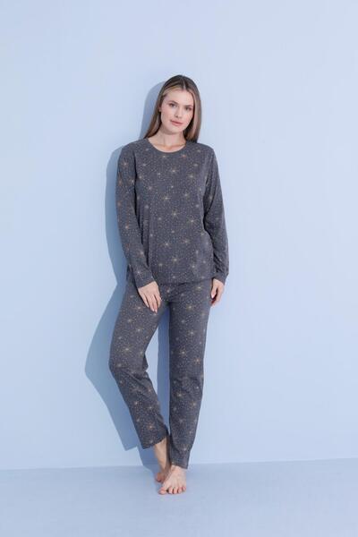 PİJAMOOD Pamuklu Gri Desenli Kadın Uzun Kol Pijama Takımı