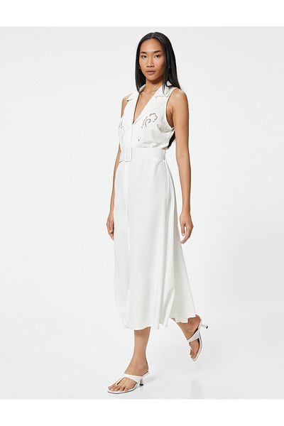 Koton Floral Scallop Detailed Belted Midi Sleeveless Shirt Dress