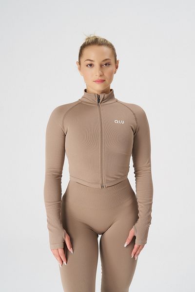 qlu Ανοιχτό καφέ γυναικείο Crop Top - Χωρίς ραφή και με φερμουάρ
