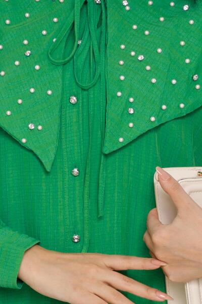 Sevitli Benetton Green Pearled Wide Collar Tunic