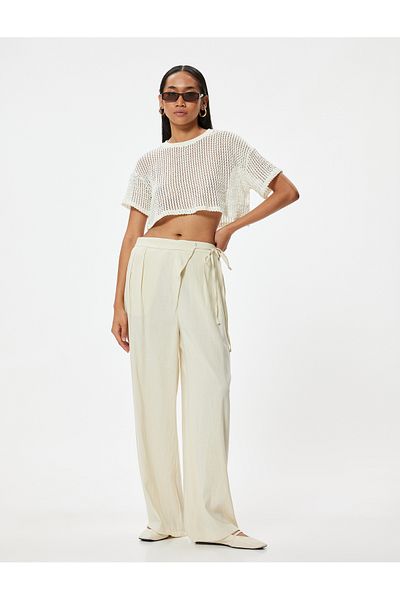 Koton Linen Viscose Mix - Double Breasted Wide Leg Trousers with Pockets