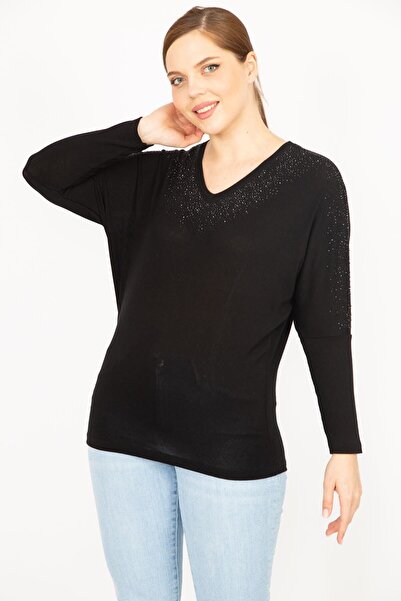 Şans Women's Black Plus Size Stone Detailed V-Neck Blouse 65n35895