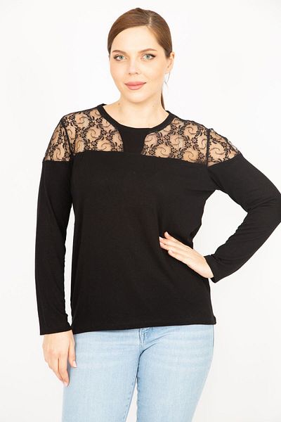 Şans Women's Black Plus Size Lace Garnished Blouse 65n35892