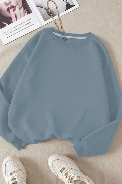 Trendseninle Γυναικείο φούτερ με 3 κλωστές Aqua Blue Plain Crew Neck