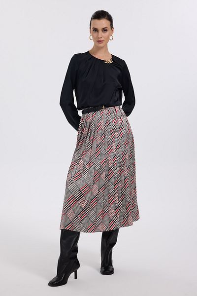 Ekol Red Patterned Pleated Skirt