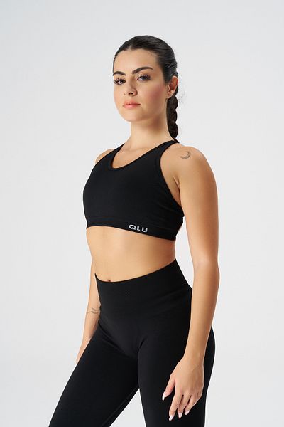 qlu Women's Black Seamless Bra - Lace-Up Back, Sports Bra