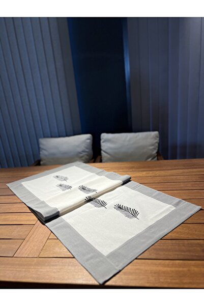 Bener Concept Yaprak Desenli Biyeli Taş Baskı Keten Runner