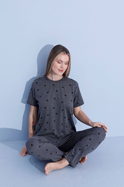 PİJAMOOD Σετ γυναικεία κοντομάνικη πιτζάμες με βαμβακερό γκρι σχέδιο