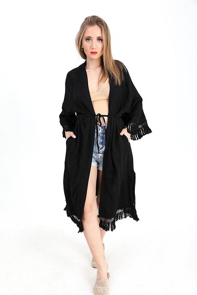Moka Shopin Black Mokashopin Kimono - Palm Print and Tassels