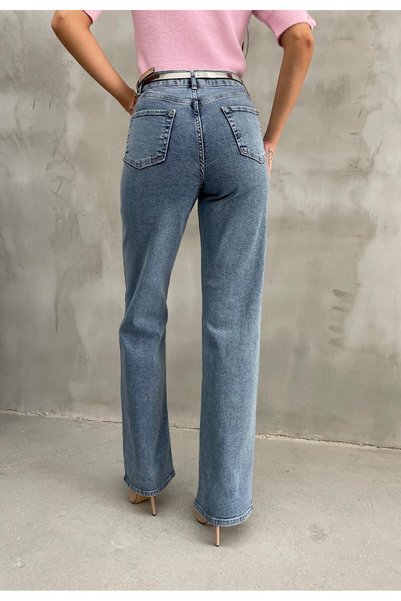 TİSHOOSTORE Belted Stone Detail Lycra Palazzo Wide Leg Jeans