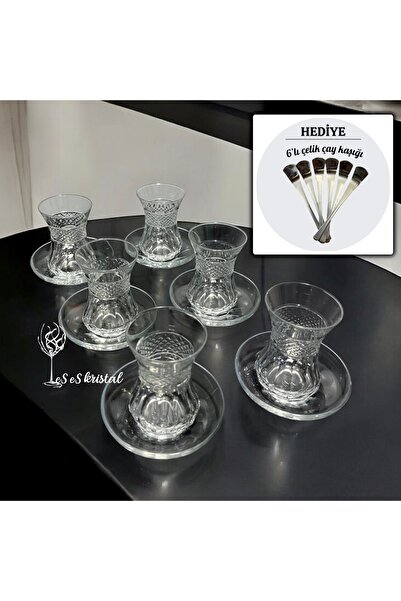 es es kristal 12 PARÇA CAM KESME ÇAY BARDAĞI SETİ + 6 ADET ÇAY KAŞIĞI HEDİYELİ