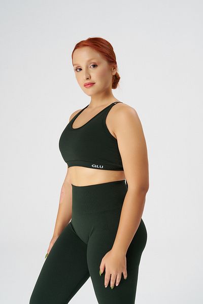 qlu Women's Dark Green Seamless Bra - Lace-Up Back, Sports Bra