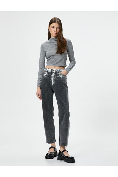 Koton Glittering Metallic Turtleneck T-Shirt Tight Fit Long Sleeve