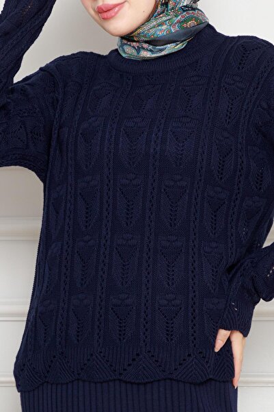 Sevitli Lace Embroidered Gilet Knitwear Set-Navy Blue