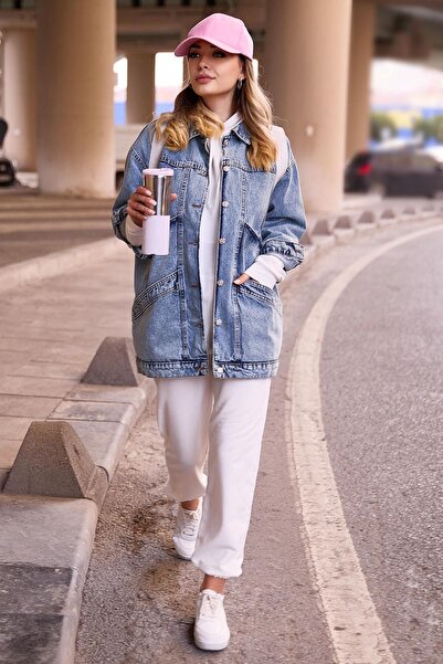 ÇEÇİM Plain Shirt Collar Women's Blue Denim Jacket Zyn-58742