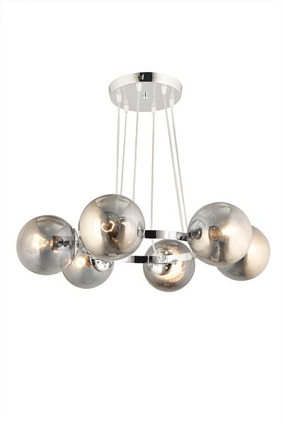 SONSUZ AYDINLATMA&AVİZE Infinite Chrome 6-Piece Ring Smoked Globe Glass Modern Chandelier