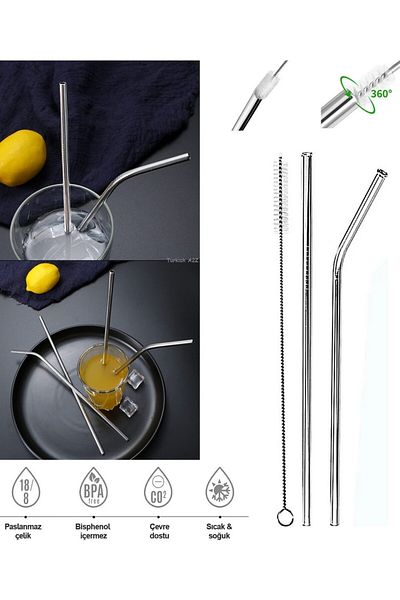 Righton Stainless Steel 3 Pieces Metal Straw Set + Cleaning Brush Soft Drink Straw