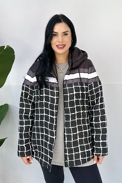 GÖKSEL Square Printed Large Size Coat - Black