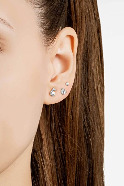 So CHIC... Minimal 18 Ayar Beyaz Altın Kaplama Gümüş Çoklu Küpe