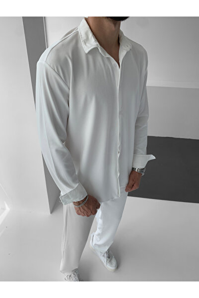 NO1 KONSEPT Λευκό μακρυμάνικο σε χαλαρή εφαρμογή Στριφτό κοστούμι με ραβδώσεις