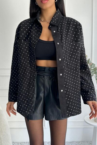 ZAROLİ Jachetă neagră de denim pentru femei oversize cu detaliu de piatră