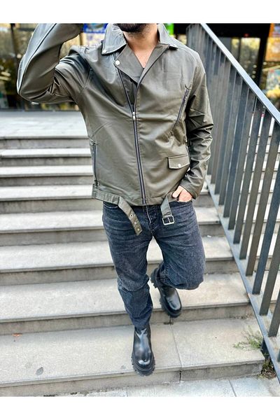 elkumoda Δερμάτινο παλτό Δερμάτινο μπουφάν με χιαστί φερμουάρ και ζώνη New Season Pocket
