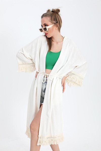 Moka Shopin Ecru Color Mokashopin Kimono - Palm Print and Tassels
