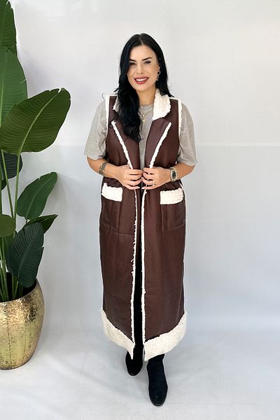 GÖKSEL Long Coffee Color Large Size Vest