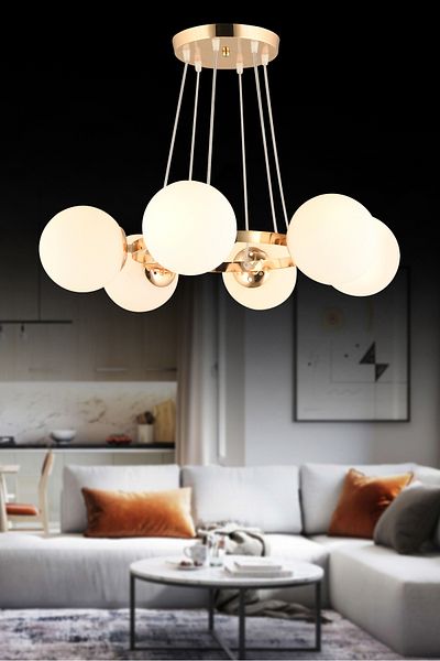 SONSUZ AYDINLATMA&AVİZE Infinite Gold 6-Piece Ring White Globe Glass Modern Chandelier